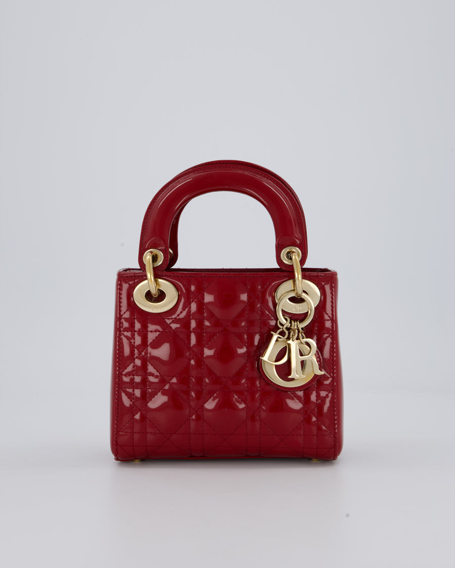 Christian Dior Red Mini Lady Dior Bag in Patent Leather With Gold Hardware
