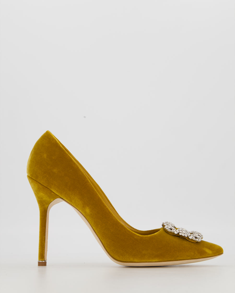 Manolo Blahnik Yellow Velvet Hangisi Heels with Crystal Buckle Detail Size EU 42