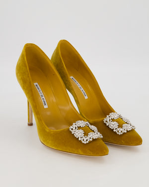 Manolo Blahnik Yellow Velvet Hangisi Heels with Crystal Buckle Detail Size EU 42