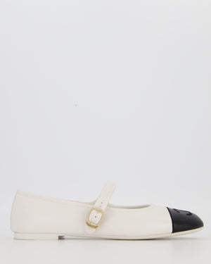 Chanel White Lambskin Mary Jane Flats with Black Toecap and CC Logo Size EU 42C
