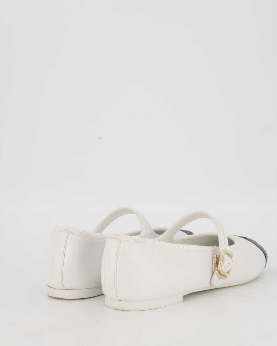 Chanel White Lambskin Mary Jane Flats with Black Toecap and CC Logo Size EU 42C