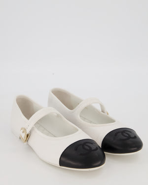 Chanel White Lambskin Mary Jane Flats with Black Toecap and CC Logo Size EU 42C