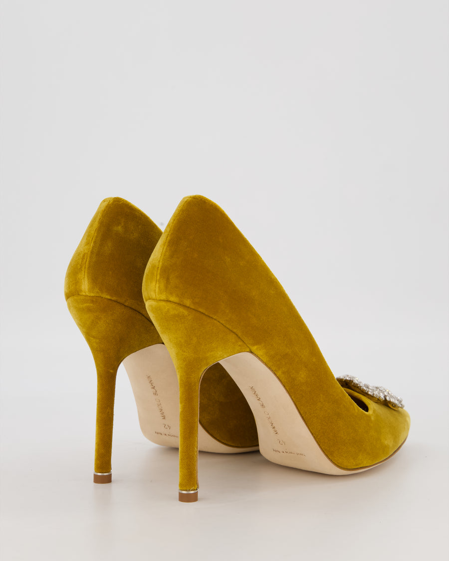Manolo Blahnik Yellow Velvet Hangisi Heels with Crystal Buckle Detail Size EU 42