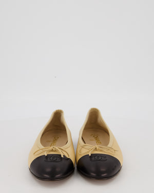 Chanel Beige Ballet Flats With Black Toecap and CC Logo In Lambskin Leather Size EU 39.5