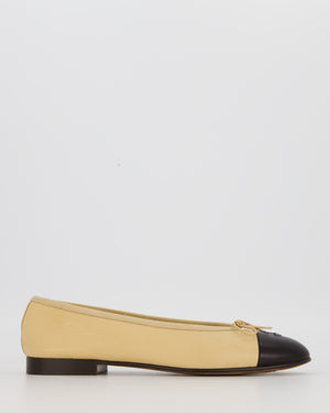 Chanel Beige Ballet Flats With Black Toecap and CC Logo In Lambskin Leather Size EU 39.5