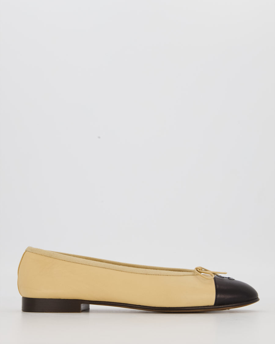 Chanel Beige Ballet Flats With Black Toecap and CC Logo In Lambskin Leather Size EU 39.5