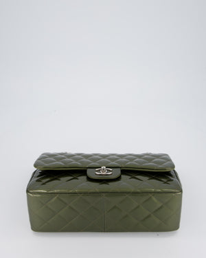 Chanel Khaki Green Patent Leather Jumbo Flap Bag With Silver Hardware
