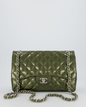 Chanel Khaki Green Patent Leather Jumbo Flap Bag With Silver Hardware