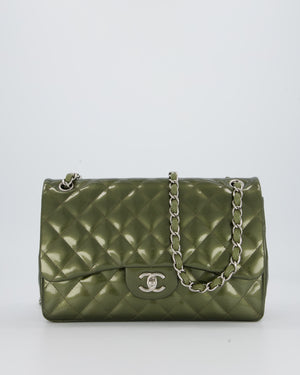 Chanel Khaki Green Patent Leather Jumbo Flap Bag With Silver Hardware