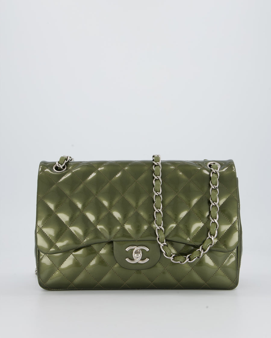 Chanel Khaki Green Patent Leather Jumbo Flap Bag With Silver Hardware