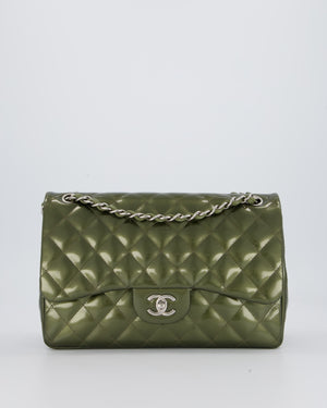 Chanel Khaki Green Patent Leather Jumbo Flap Bag With Silver Hardware