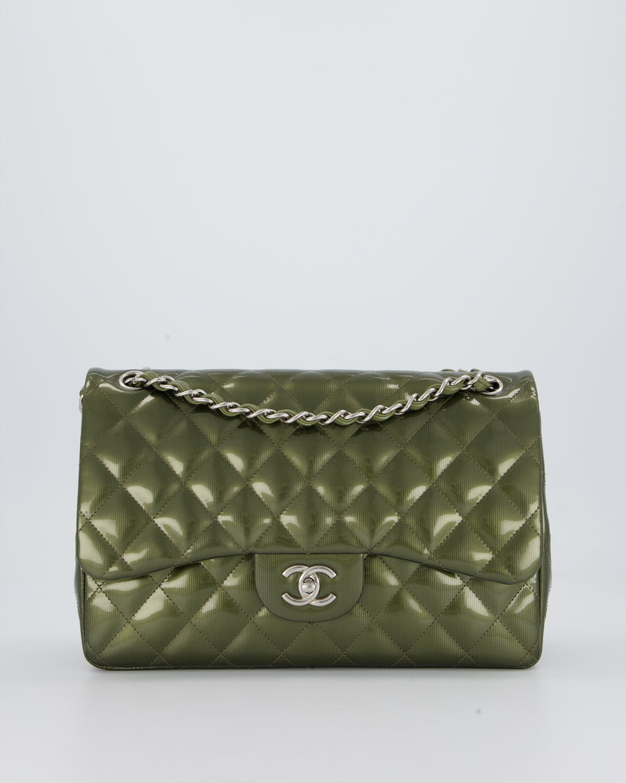 Chanel Khaki Green Patent Leather Jumbo Flap Bag With Silver Hardware