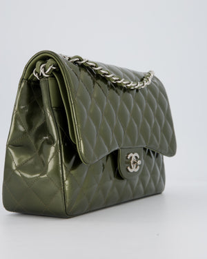 Chanel Khaki Green Patent Leather Jumbo Flap Bag With Silver Hardware