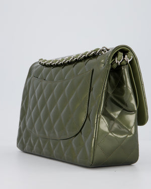 Chanel Khaki Green Patent Leather Jumbo Flap Bag With Silver Hardware