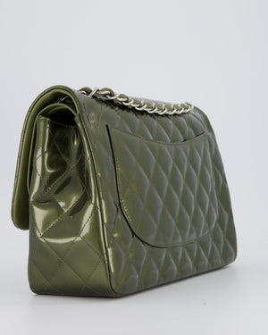 Chanel Khaki Green Patent Leather Jumbo Flap Bag With Silver Hardware