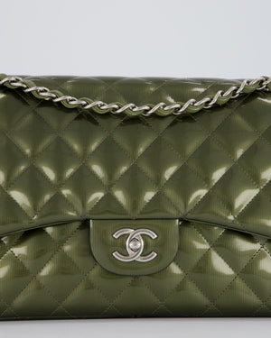 Chanel Khaki Green Patent Leather Jumbo Flap Bag With Silver Hardware