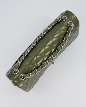 Chanel Khaki Green Patent Leather Jumbo Flap Bag With Silver Hardware
