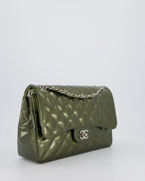 Chanel Khaki Green Patent Leather Jumbo Flap Bag With Silver Hardware