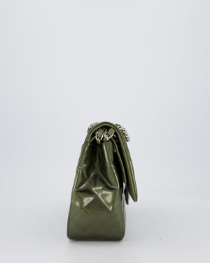 Chanel Khaki Green Patent Leather Jumbo Flap Bag With Silver Hardware