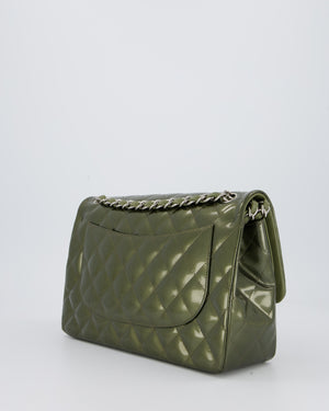 Chanel Khaki Green Patent Leather Jumbo Flap Bag With Silver Hardware