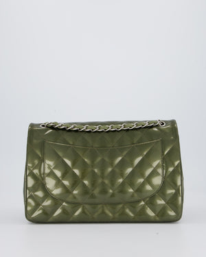 Chanel Khaki Green Patent Leather Jumbo Flap Bag With Silver Hardware