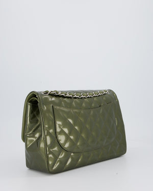 Chanel Khaki Green Patent Leather Jumbo Flap Bag With Silver Hardware
