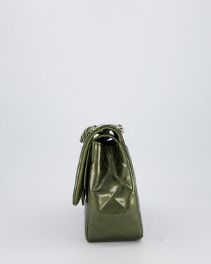 Chanel Khaki Green Patent Leather Jumbo Flap Bag With Silver Hardware