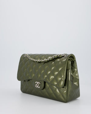 Chanel Khaki Green Patent Leather Jumbo Flap Bag With Silver Hardware