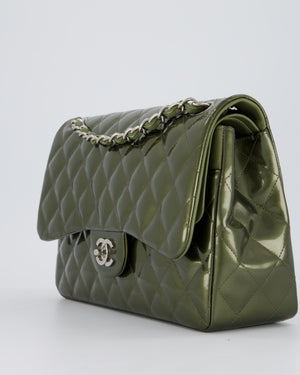 Chanel Khaki Green Patent Leather Jumbo Flap Bag With Silver Hardware