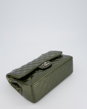 Chanel Khaki Green Patent Leather Jumbo Flap Bag With Silver Hardware