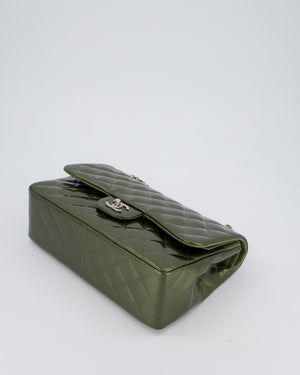 Chanel Khaki Green Patent Leather Jumbo Flap Bag With Silver Hardware