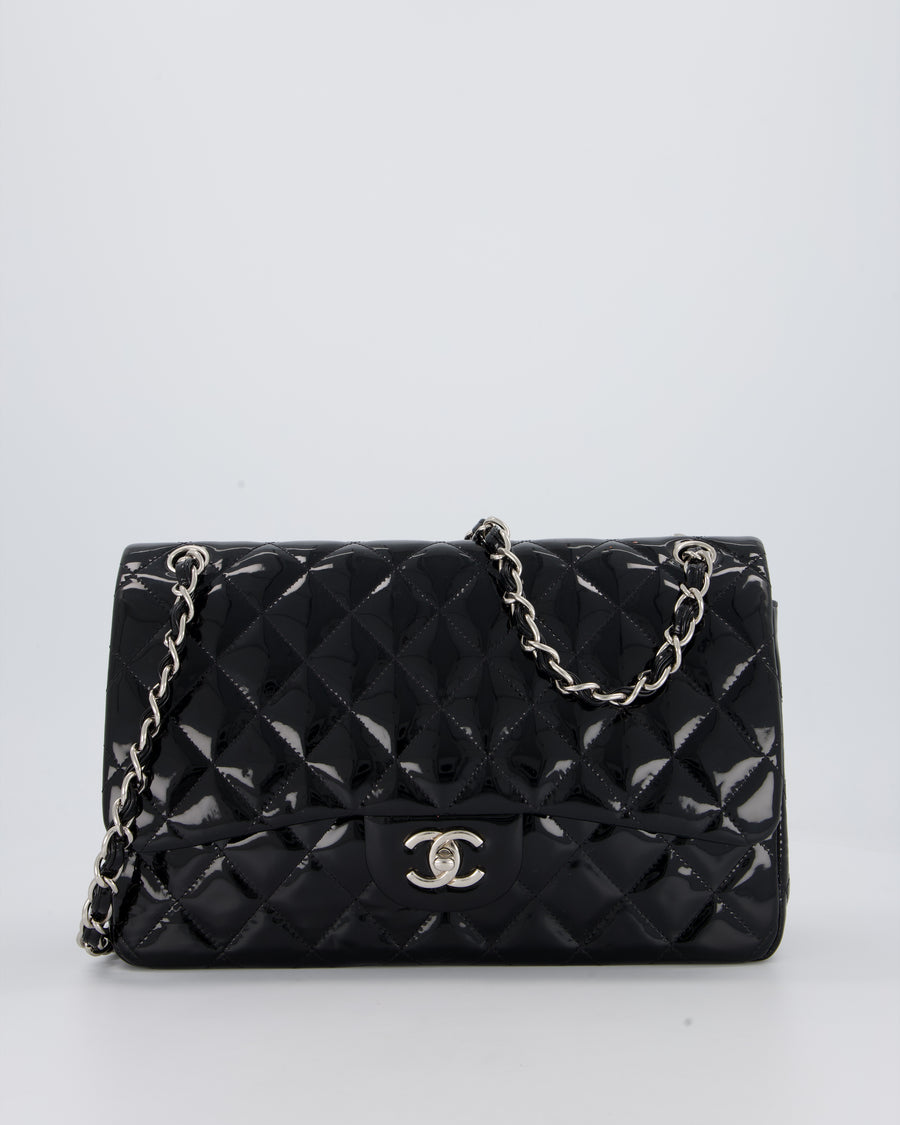Chanel Black Patent Leather Jumbo Flap Bag With Silver Hardware