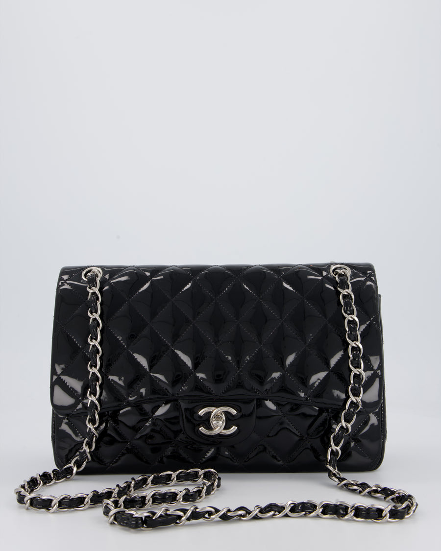 Chanel Black Patent Leather Jumbo Flap Bag With Silver Hardware