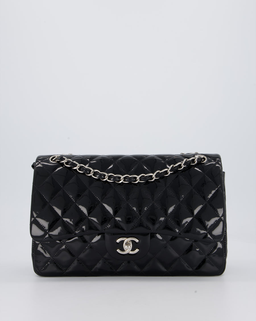 Chanel Black Patent Leather Jumbo Flap Bag With Silver Hardware