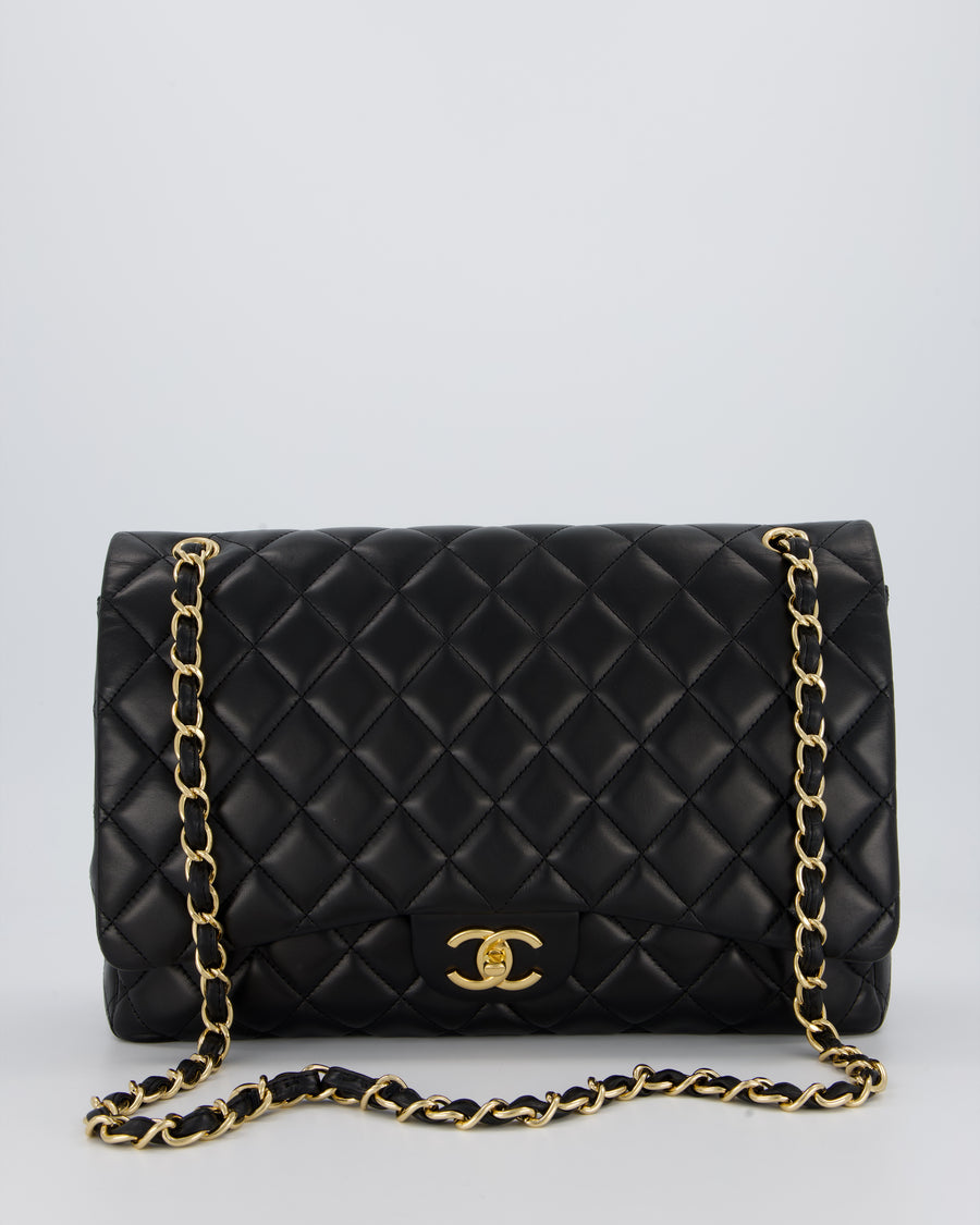 Chanel Black Maxi Single Flap Bag in Black Lambskin Leather with Gold Hardware