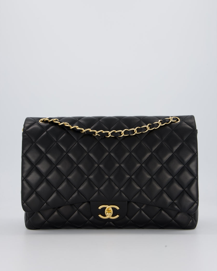 Chanel Black Maxi Single Flap Bag in Black Lambskin Leather with Gold Hardware
