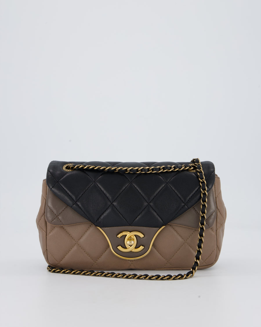 Chanel Taupe Tri-Colour Small Double Flap in Lambskin Leather with Gold Hardware