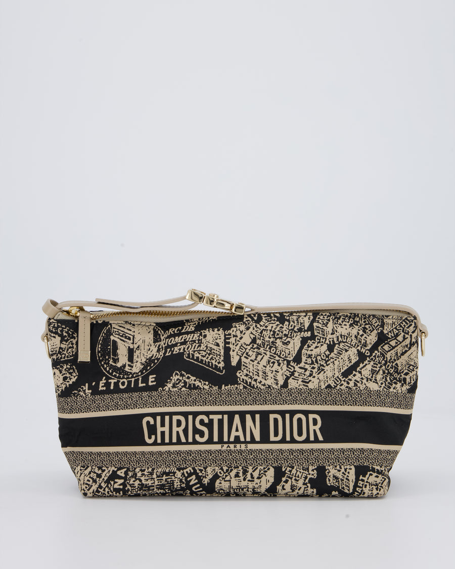 Christian Dior Beige & Black Medium DiorTravel 'Plan de Paris' Pouch In Gold Hardware