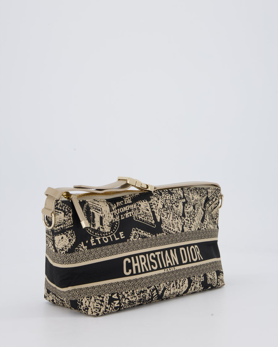 Christian Dior Beige & Black Medium DiorTravel 'Plan de Paris' Pouch In Gold Hardware