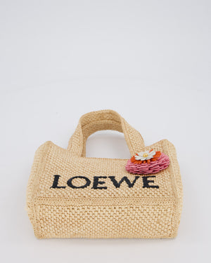Loewe x Paula's Ibiza Beige Mini Raffia Logo Tote Bag with Pink Flower Detail