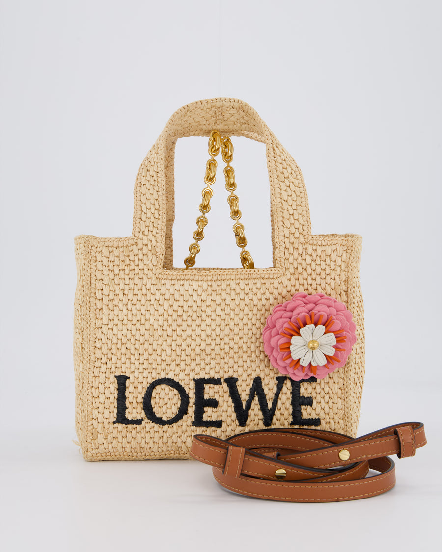 Loewe x Paula's Ibiza Beige Mini Raffia Logo Tote Bag with Pink Flower Detail