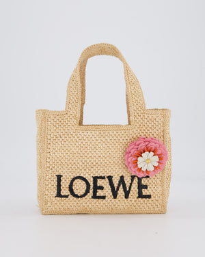 Loewe x Paula's Ibiza Beige Mini Raffia Logo Tote Bag with Pink Flower Detail