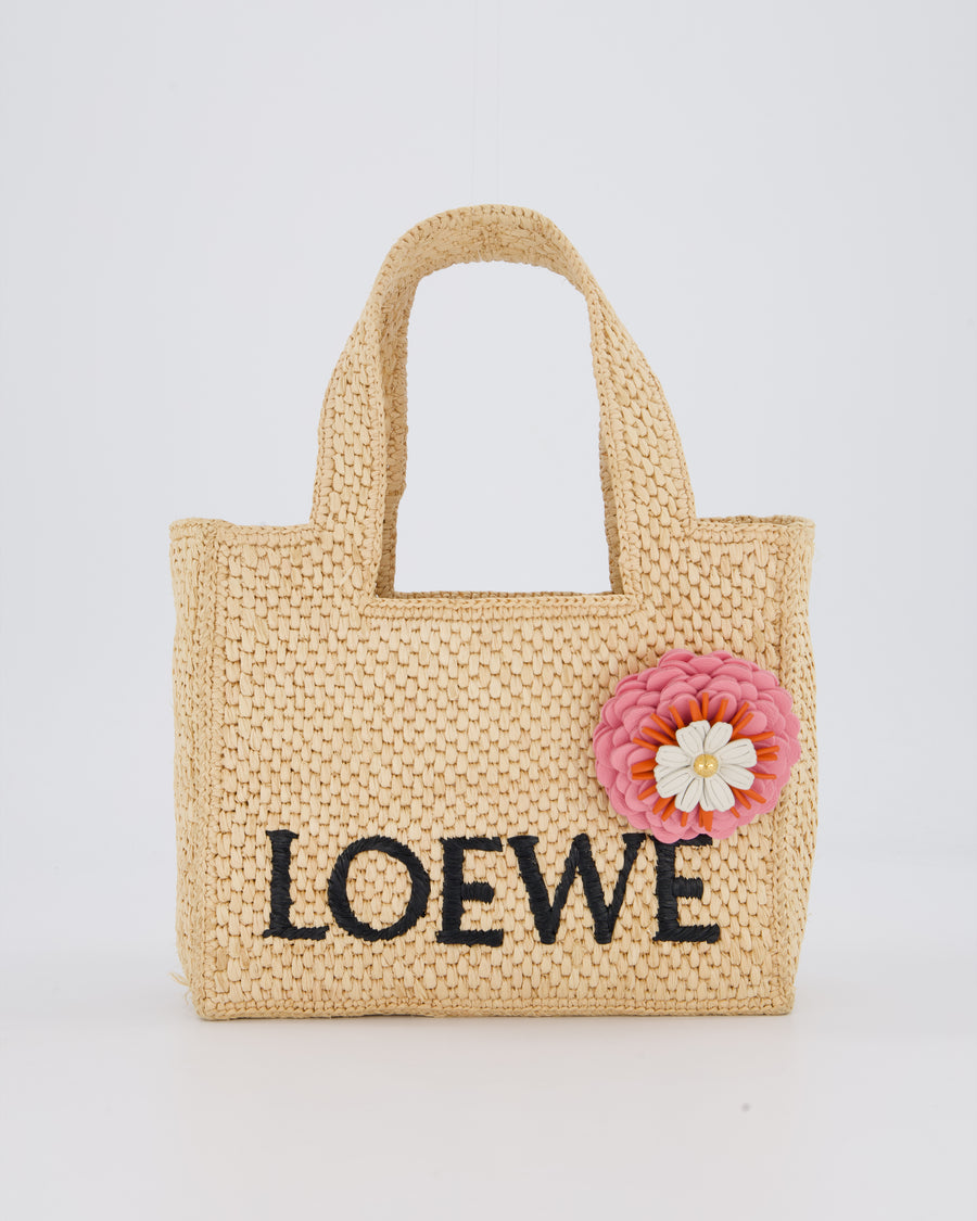 Loewe x Paula's Ibiza Beige Mini Raffia Logo Tote Bag with Pink Flower Detail
