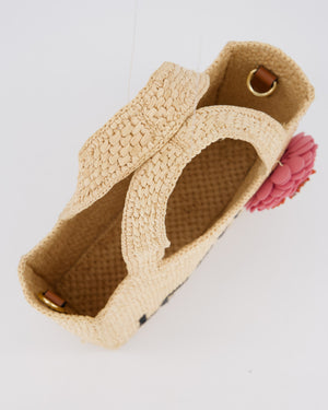 Loewe x Paula's Ibiza Beige Mini Raffia Logo Tote Bag with Pink Flower Detail