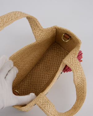 Loewe x Paula's Ibiza Beige Mini Raffia Logo Tote Bag with Pink Flower Detail