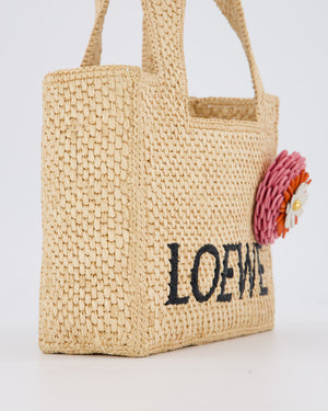 Loewe x Paula's Ibiza Beige Mini Raffia Logo Tote Bag with Pink Flower Detail