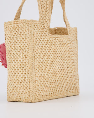 Loewe x Paula's Ibiza Beige Mini Raffia Logo Tote Bag with Pink Flower Detail