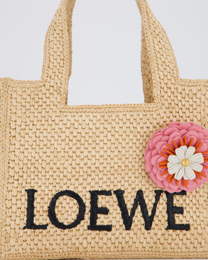 Loewe x Paula's Ibiza Beige Mini Raffia Logo Tote Bag with Pink Flower Detail