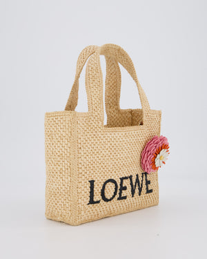 Loewe x Paula's Ibiza Beige Mini Raffia Logo Tote Bag with Pink Flower Detail
