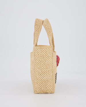 Loewe x Paula's Ibiza Beige Mini Raffia Logo Tote Bag with Pink Flower Detail